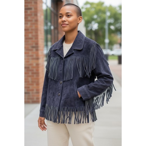 Back in the Saddle Navy Blue Suede Fringe Jacket Western Style Size L - Picture 1 of 7