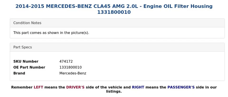 Mercedes-Benz CLA45 AMG 2014-2015 2,0 L - Carcasa de filtro de aceite del motor 1331800010 Foto 4 de 4