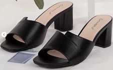 Greatonu Womens black Mules Slip On Mid Chunky Block Heels Sandals