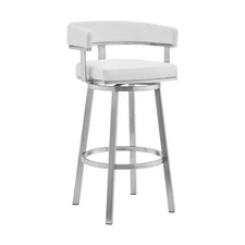 Lorin Modern 30" Seat Height White Faux Leather and Brushed Stainless Steel M...