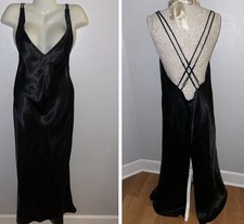 Frederick s of Hollywood L Long Satin Gown nightgown Plunge back Strappy Black