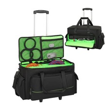 Large Rolling DJ Cable Bag, Green Padded Gig Bag with Detachable Trolley Divid