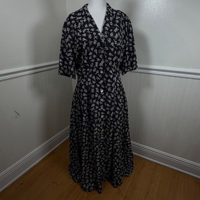 Jaeger Vintage Black White Floral Polka Dot Button Front Maxi Dress UK 12 USA 10