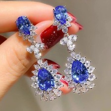 14K White Gold Plated 3Ct Pear Cut Lab Created Tanzanite Drop Dangle Earrings