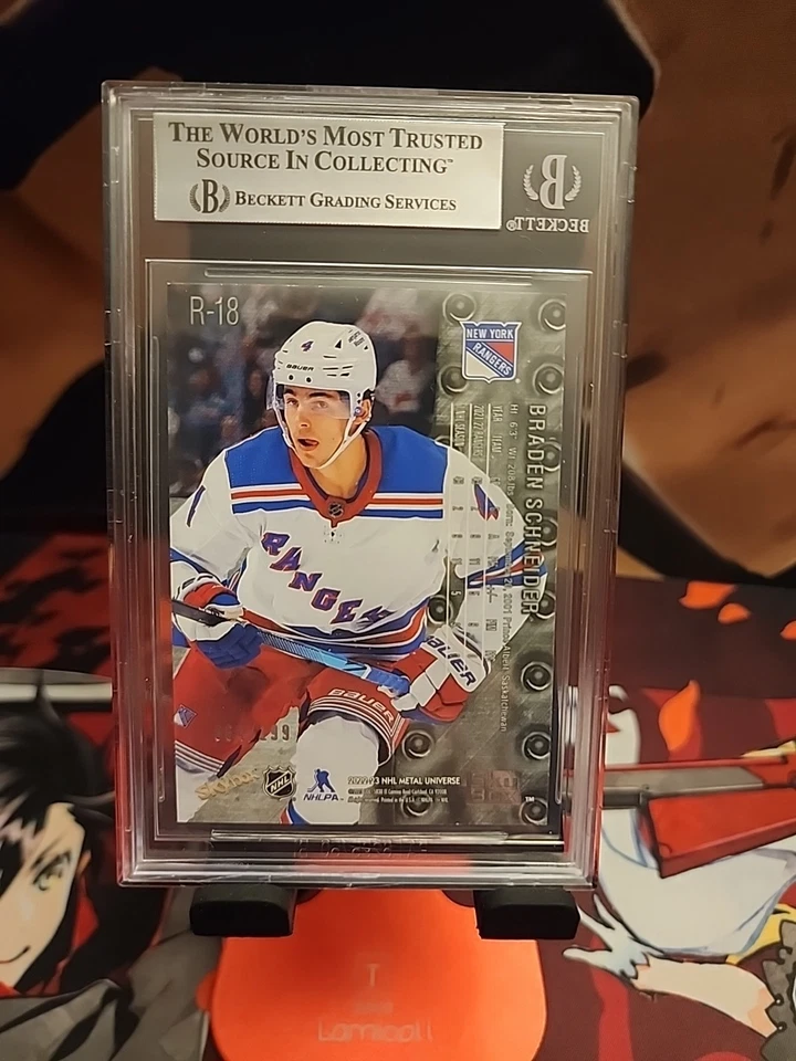 BGS 9 Braden Schneider 2022-23 Metal Universe Purple Spectrum RC Card #64/199 - Image 2 of 3