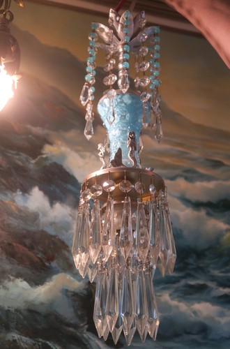 Mermaid ceiling canopy fixture Lamp Chandelier Blue Glass Brass Silver Crystal O - Picture 2 of 14