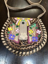 Vtg Hand Tooled Hand Painted Mini Mexico Leather Bag Purse Stamped