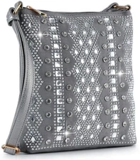 New Dazzling Bling Rhinestone Pattern Crossbody Sling Purse Pewter Free Shipping