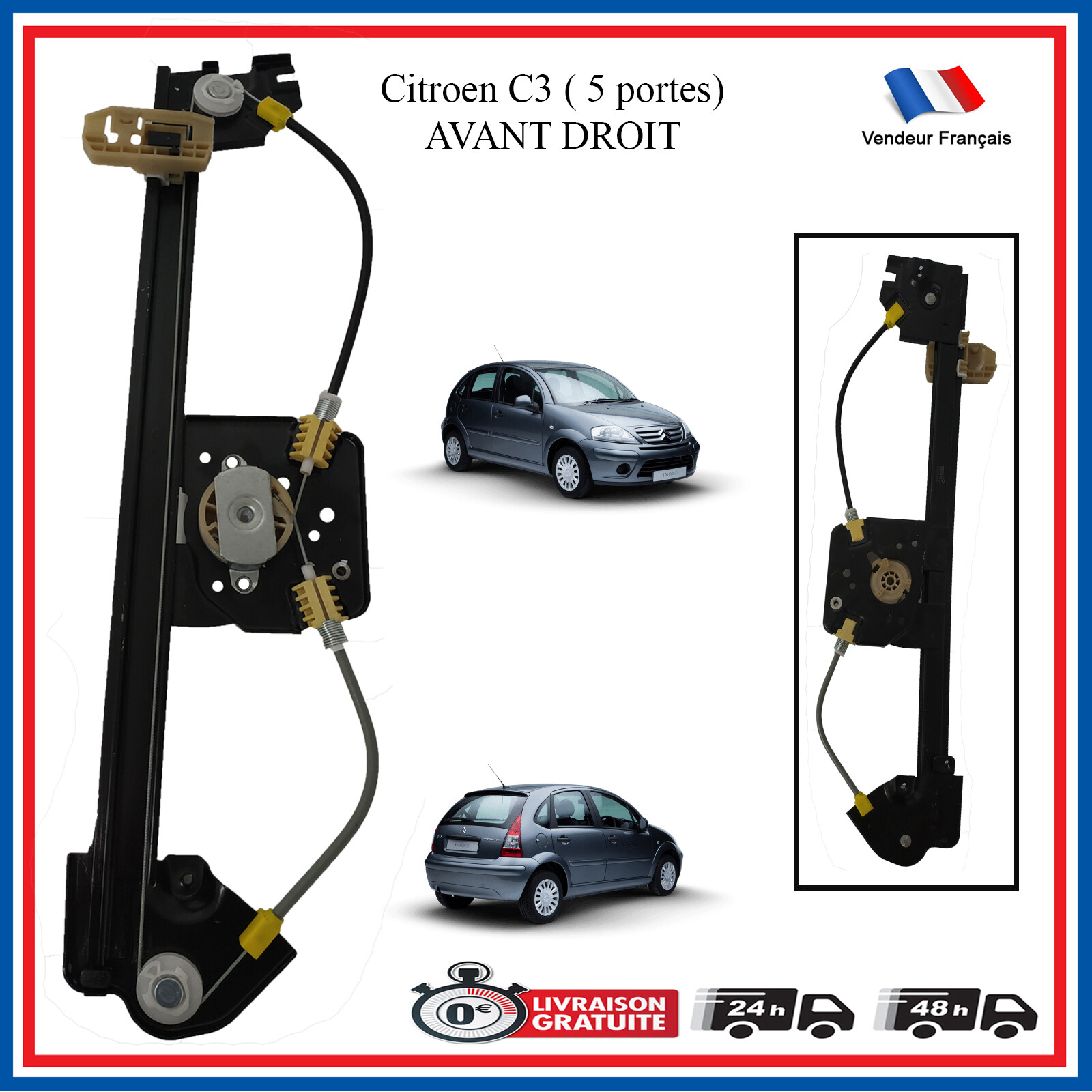 Mécanisme de lève-vitre électrique avant droit pour Citroën C3 5 portes OEM 9221AP
