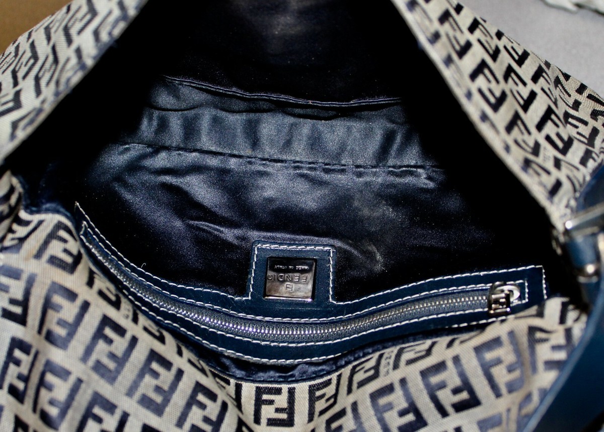 Authentic Fendi Zucca Mamma Canvas Baguette Navy Blue