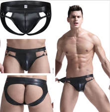 PU Leather Men's Wrestling Backless G-string Briefs Underwear Jockstrap Thongs