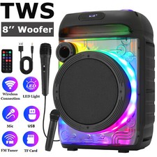 Rechargeable Bluetooth Party Speaker 8 LED FM TWS Portable Wireless Wired Mics