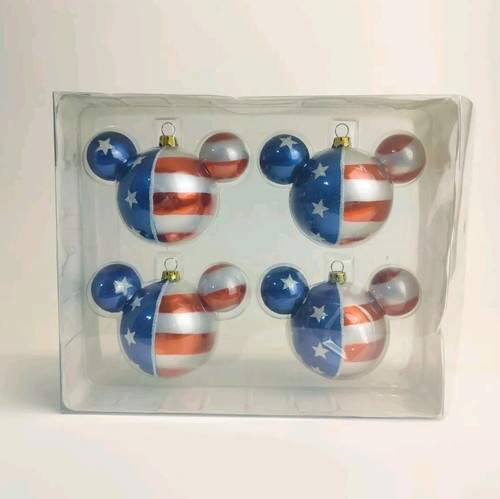 Disney Parks Mickey Mouse Ears Blown Glass Ornament Red White Blue Christmas