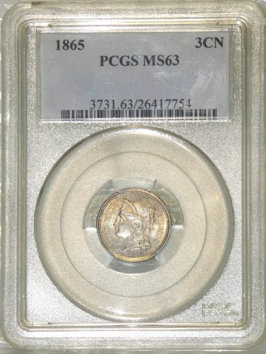 1865 PCGS MS63 Drei Cent Nickel leicht getönt ~ Generation 4,5 Halter mit Zinken