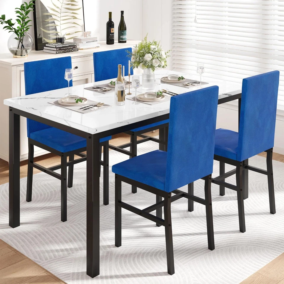 Modern 5 Piece Dining Room Faux Marble Table Set Blue Velvet Upholstered Chairs - Image 3 of 4