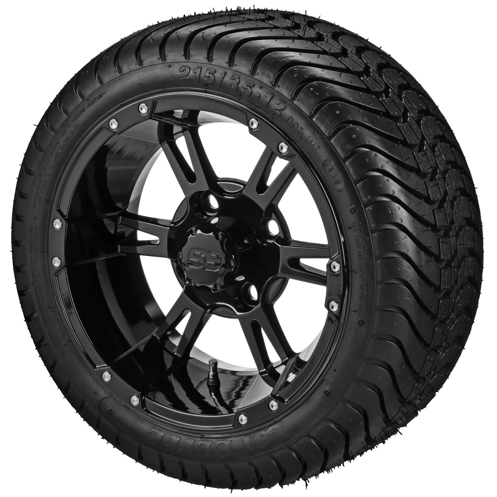 4 Golf Cart 215/3512 LSI Elite Tires on 12x7 Gloss Black Raptor Wheels
