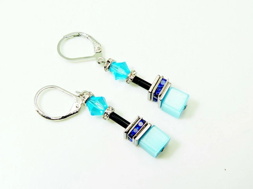 Ohrringe Ohrhänger Cube Würfel Cat Eye Kristall Glas türkis Strass blau 500i - Bild 4 von 4