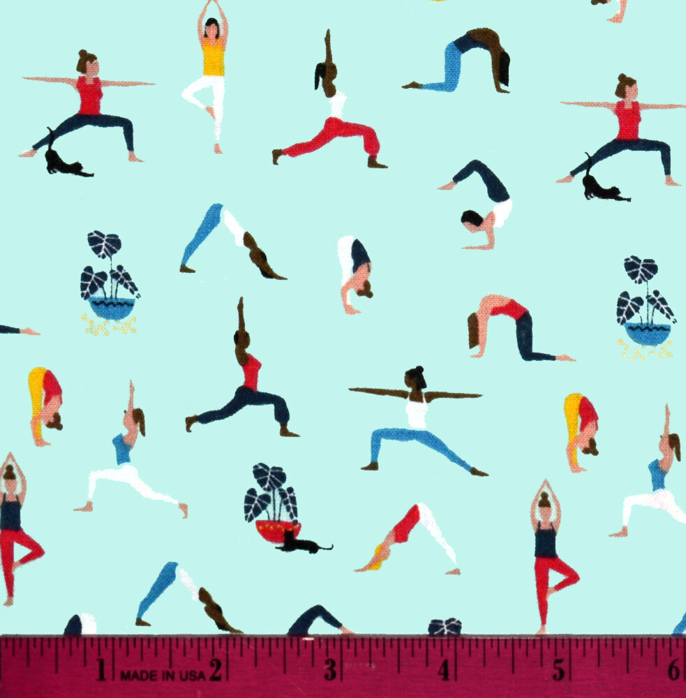 Yoga Class Fabric HALF YARD 100 Cotton Sewing Quilting Poses Teacher Aqua eBay