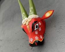 Indian Wooden Cow Head Nandhi Face Mask Wall Hanging Interior Decor Artefacts.