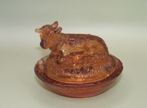 Vintage Small Mini Glass PINK AMBER COW On A NEST Basket Salt Cellar Trinket