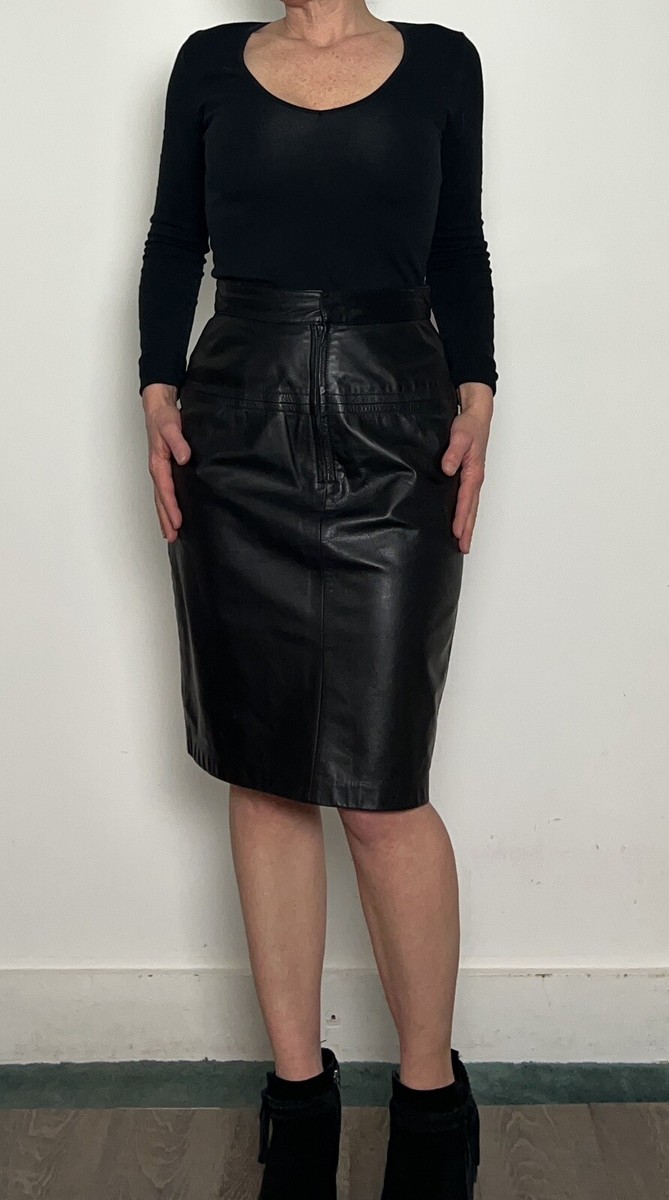 Vintage Black Leather Pencil Knee Length Skirt XS