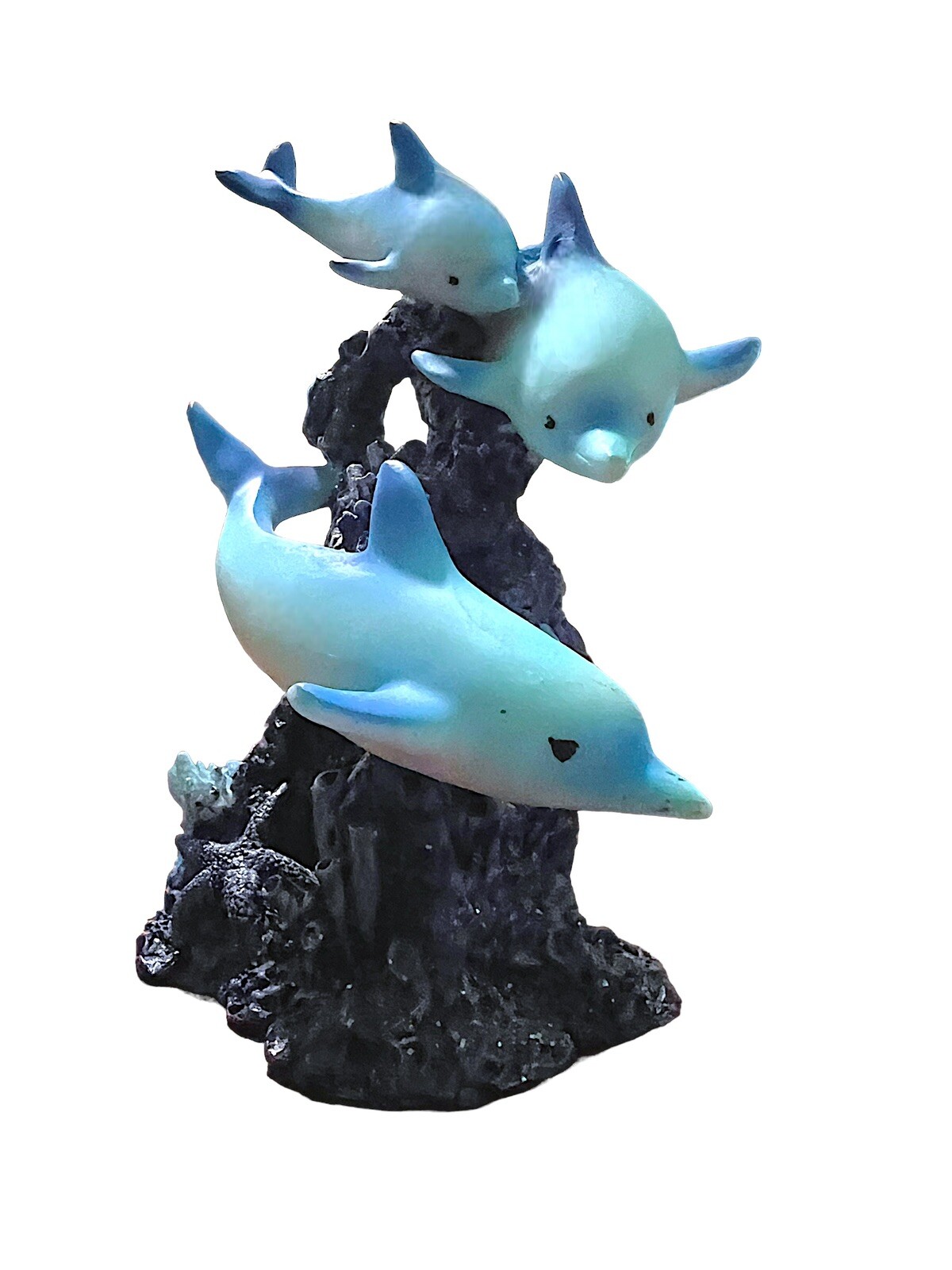 3 Blue Dolphins Swimming Around Coral Statue Sea Life Figurine Room Decor 6 3/8”