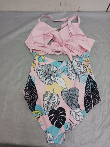 Bikini One Piece Pink Bikini With Tropical Foliage Print Size L. - Picture 4 of 7