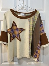 Sage  Fig Oversized Star Patchwork Short Sleeve Top Sz M Boho Casual Autumn