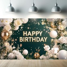 Green White Happy Birthday Backdrop Banner Elegant White Roses Greenery Ballo...