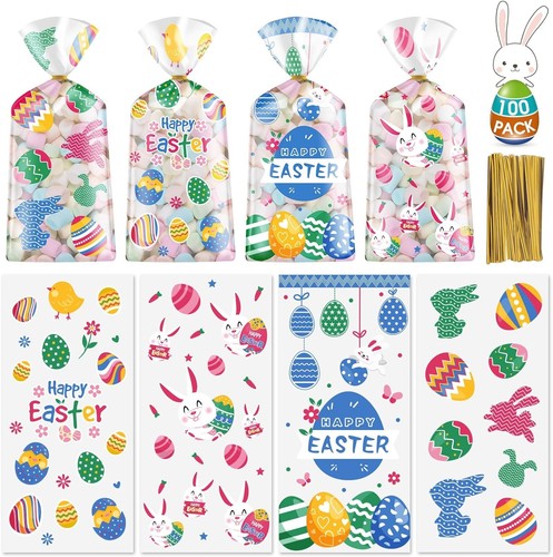 100 Pcs Easter Treat Bags Happy Easter Gift Bag