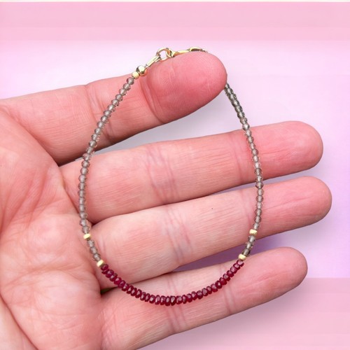 Handmade Solid 18k Yellow Gold Natural Smokey Quartz Ruby Bracelet , 7" - Picture 2 of 7