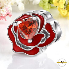 CHARM DONNA ROSA ROSSA ARGENTO 925 CUORE ZIRCONE ROSSO BRACCIALE BRACCIALETTO