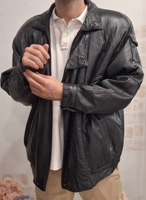 Vintage Herren Schwarz Echt Leder Jacke Bombermantel Gr. L XL Oversize Weich Schwer