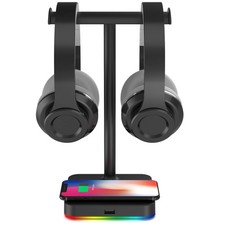 RGB Dual Headphone Stand with Wireless Charger Desk Gaming Double Headset Hol...