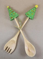 Pair Wooden Salad Servers Utensils, Christmas Trees 14.5" Spool Fork New