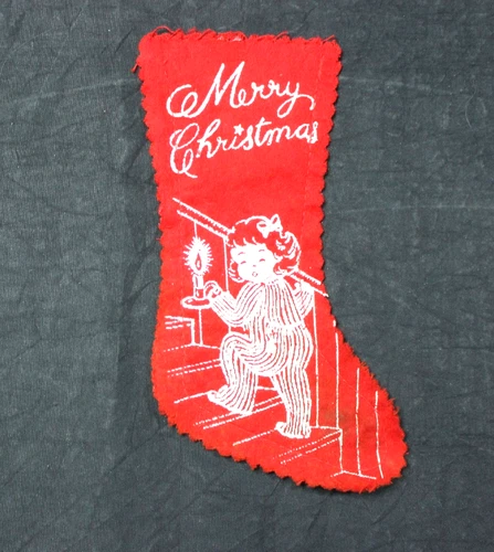 VINTAGE FELT MERRY CHRISTMAS STENCILED MINI STOCKING, LITTLE GIRL ON THE STAIRS