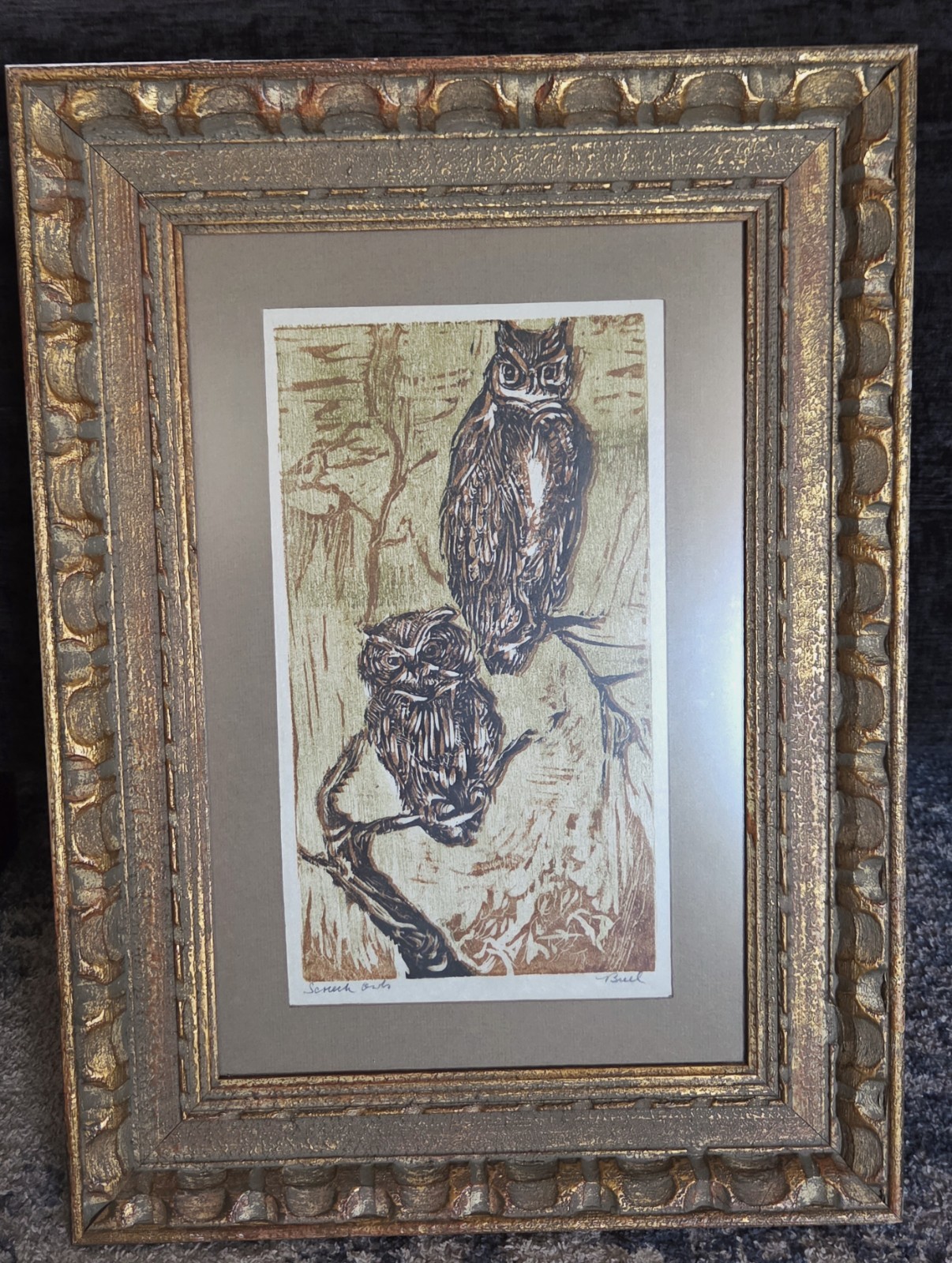  Vintage Woodblock Print Nellie Buel Screech Owls Ornate Gold Frame Signed 