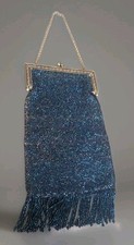 Vintage Blue Iridescent Micro Glass Beaded Evening Purse Fringe Kiss Lock Art...