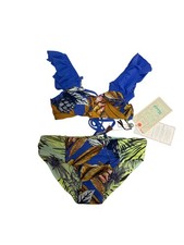 Maaji Girls Blue Green Tropical Size 2 Reversible Bikini Set Ruffled Straps New