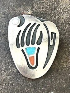 Sterling Native American Bear Inlay  Turquoise Coral Brooch Pin 11 Grams Vintage