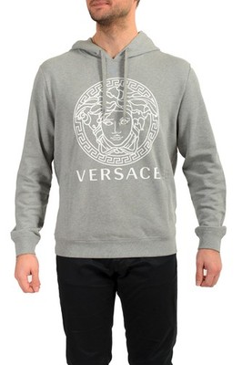 Versace Men's Gray Logo Medusa Print Hooded Sweatshirt Hoodie US L