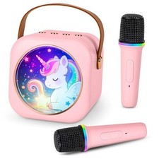 Mini Karaoke Machine with 2 Wireless Microphones, Portable Bluetooth Pink
