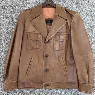 Cortefiel Leather Jacket Mens 42 Large Brown Wide Lapel Overcoat Great Vintage