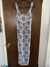 Fresh Produce Maxi Tank Dress Womens M Gray White Floral Smocked Sleeveless USA