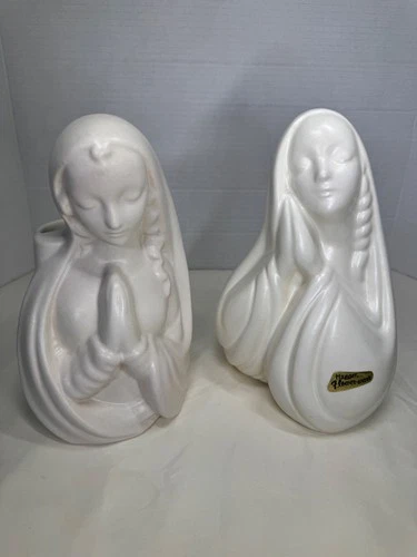 Vintage MCM ROYAL HAEGER Praying Madonna Virgin Mary Planter Set *Pearly White*
