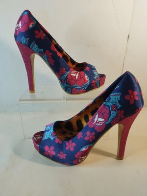 Iron Fist Navy Satin & Pink Glitter Skulls & Flowers Peep Toe Pltfrm Stiletto 37