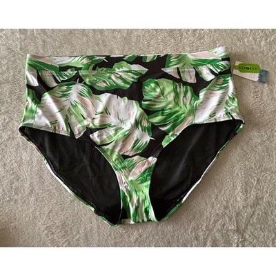 Cacique High Waisted Bikini Bottoms Size 22 Tropical Palm Leaf Print Green Black