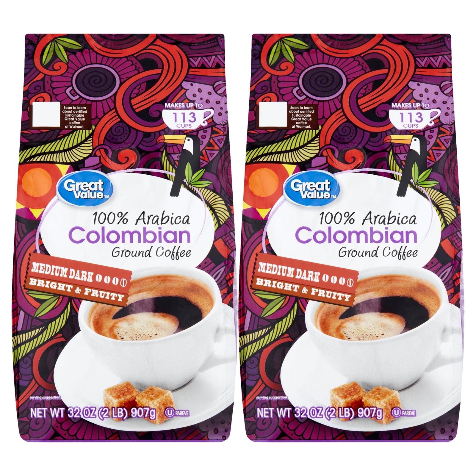 (2 pack) Great Value 100Arabica Colombian MediumDark Roast Ground