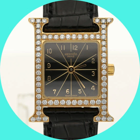 Hermes H watch EF VVS diamond bezel 18K YG HH1.286 .80CT 21 MM
