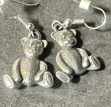 silver tone detailed teddy bear pierced earrings drop dangle